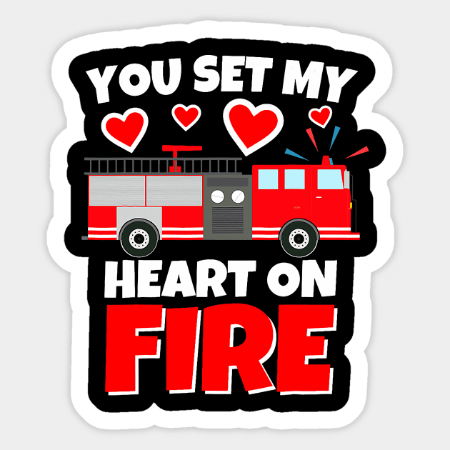 Boys Valentines Day Firetruck You Set My Heart On Fire Sticker by jadolomadolo